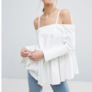 ASOS Denim Cold Shoulder Top With Pleated Peplum and Cuff Detail
